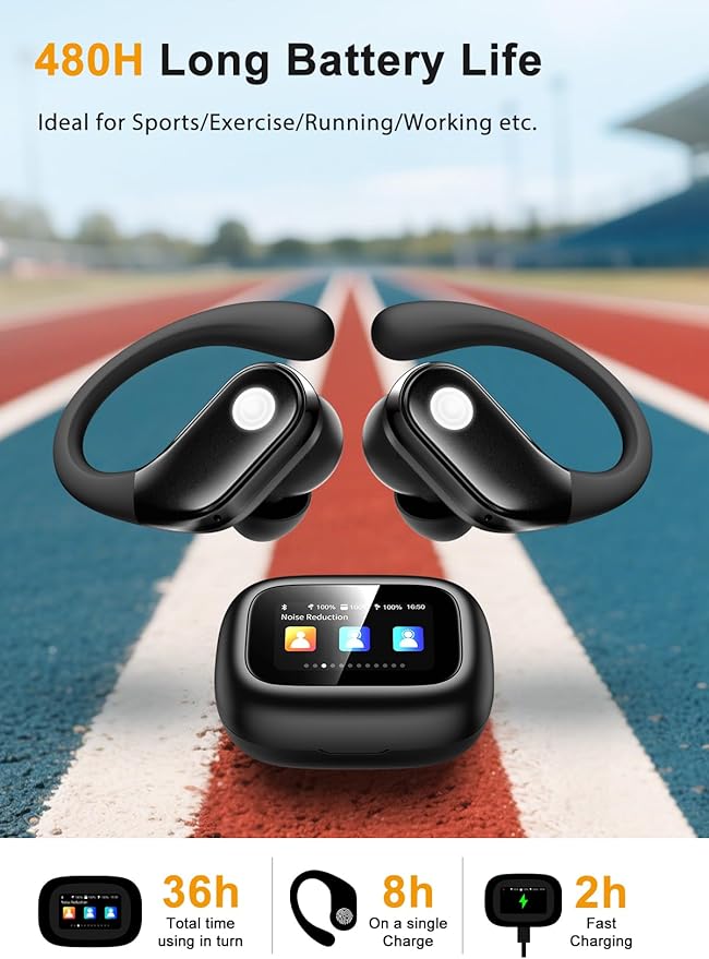Wireless Earbuds, ENC Noise Cancelling Sport Ear Buds with Multifunctional Touch Screen, Bluetooth 5.4 Headphones, Bass Stereo Sound, 5 EQ Over The Ear Earbuds for Sports/Workout/Gym-Black