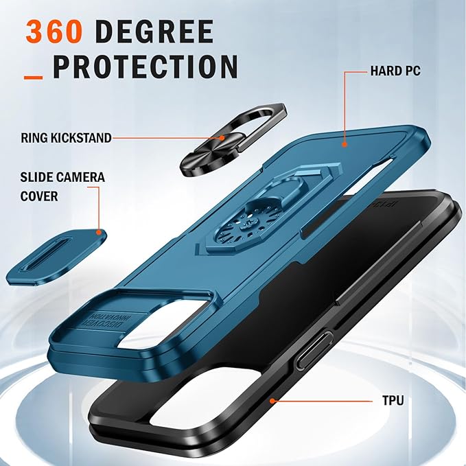 Phone Case for iPhone 14 Case with Kickstand Ring Holder, with Camera Cover, with Magnetic Car Mount Function, for iPhone 14 - Blue