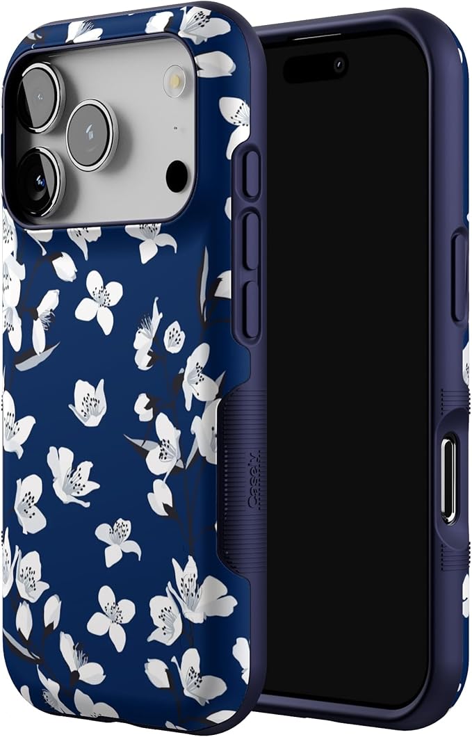 Casely iPhone 17 Pro Case | Floral Forest | Navy Cherry Blossom Floral | Bold Protective Design | Compatible with MagSafe