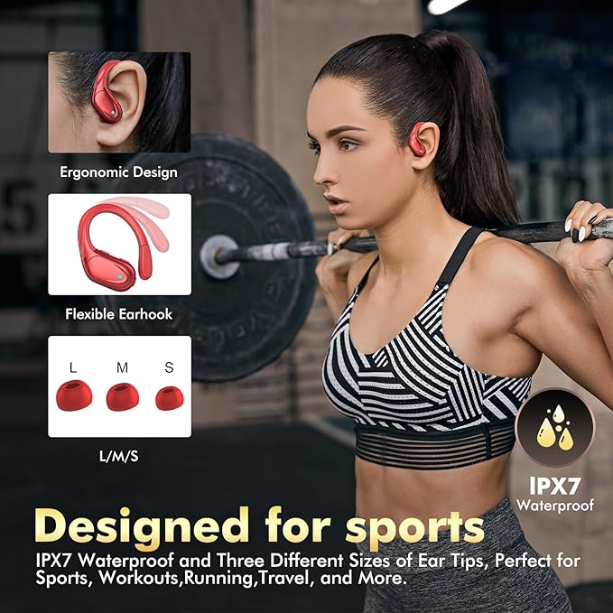 Wireless Earbuds, Sports Bluetooth Headphones, 80Hrs Playtime Ear Buds with LED Power Display, Noise Canceling Headset, IPX7 Waterproof Earphones for Workout/Running (Red)