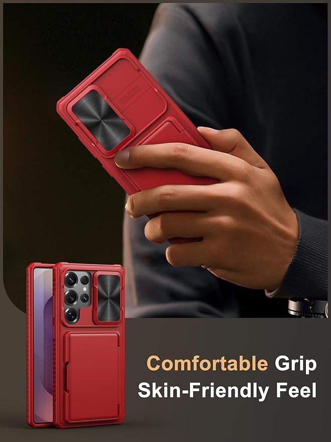 Vihibii for Samsung Galaxy S25 Ultra Wallet Case with Card Holder (4 Cards), [RFID Blocking] & Slide Camera Lens Cover & Raised Edges Protect Screen, Shockproof Cover for Samsung Galaxy S25 Ultra, Red