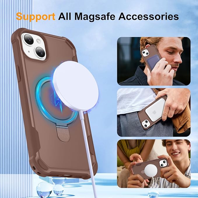 Compatible with iPhone 14 Plus Case & iPhone 15 Plus Case with Invisible Magnetic Ring Stand [Compatible with Magnetic] [Military Drop Protection] Shockproof Slim Cover 6.7 Inch, Khaki