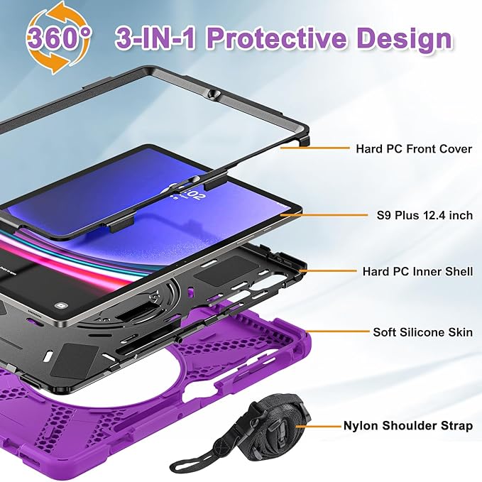 BRAECNstock for Samsung Galaxy Tab S10+ Plus/ S9 FE+ Plus/ S9+ Plus/ S8+ Plus/ S7 FE/ S7+ Plus 5G Tablet Case 12.4" Shockproof Protective Kids Case with Pen Holder Rotating Hand Strap & Stand - Purple