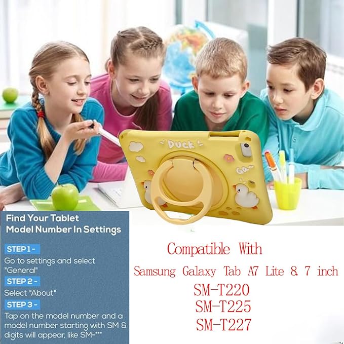 3D Cute Press Duck Case for Samsung Galaxy Tab A7 Lite 2021 8.7 inch SM-T220/T225/T227,Kawaii Cartoon Character Duck Soft Silicone Rotating Stand Case with Lanyard for Kids Teens Girls Women