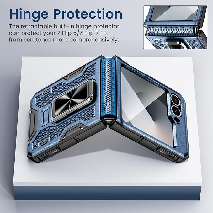 VEGO for Samsung Flip 6 Case with Belt Clip Holster, Hinge Protection Case with 360° Ring Kickstand & Camera Screen Protector Heavy Duty Protective Armor Case for Galaxy Z Flip 6 - Blue