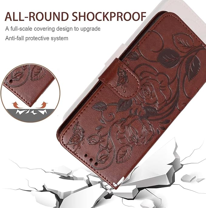 for iPhone 13 Case, iPhone 14 Wallet Case with Tempered Glass Screen Protector, Flower Leather Flip Protective Case Credit Card Holder Stand Phone Cover for iPhone 14 Brown