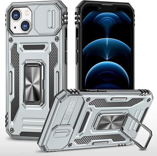 Phone Case for iPhone 14 Plus Case with Kickstand Ring Holder, with Camera Cover, with Magnetic Car Mount Function, for iPhone 14 Plus (Grey)