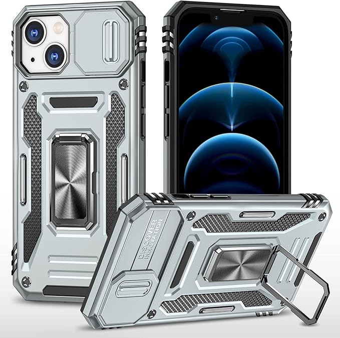 Phone Case for iPhone 14 Case with Kickstand Ring Holder, with Camera Cover, with Magnetic Car Mount Function, for iPhone 14 (Grey)