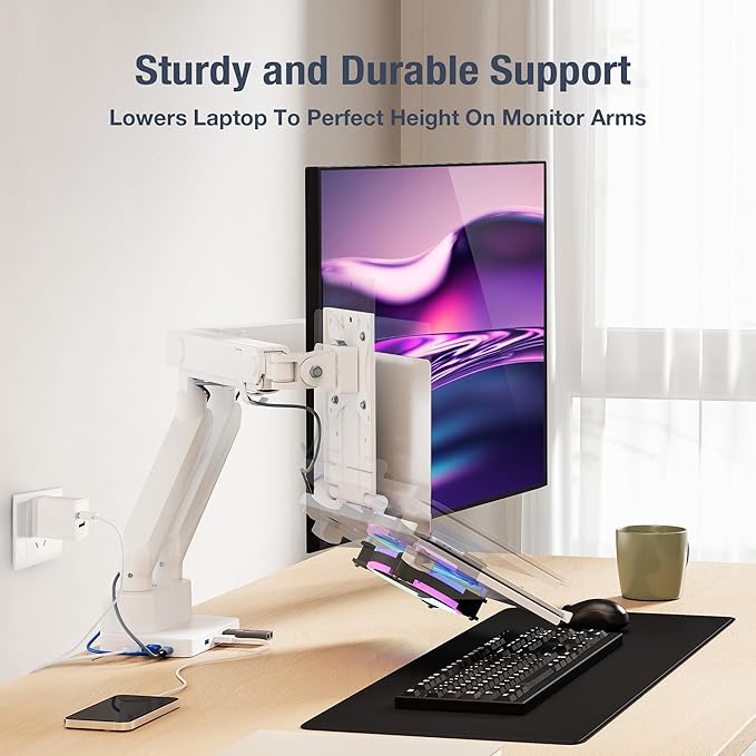 AVLT Dual 17”-38" Monitor Arm Desk Mount with 17" Laptop Tray and USB-C Docking Station, HDMI 4K60Hz, USB-A 5Gbps, Ethernet, 100W PD, Fits Two Flat/Curved Monitor - White