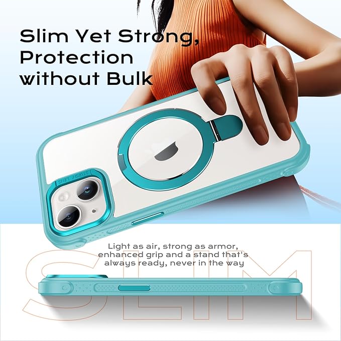 Anqrp O-Ring Magnetic Kickstand Clear Case for iPhone 14/13, Compatible with Mag-Safe, Military-Grade Reinforced 4-Corners Anti-Yellowing Transparent Phone Case Cover for iPhone 13/14, Teal