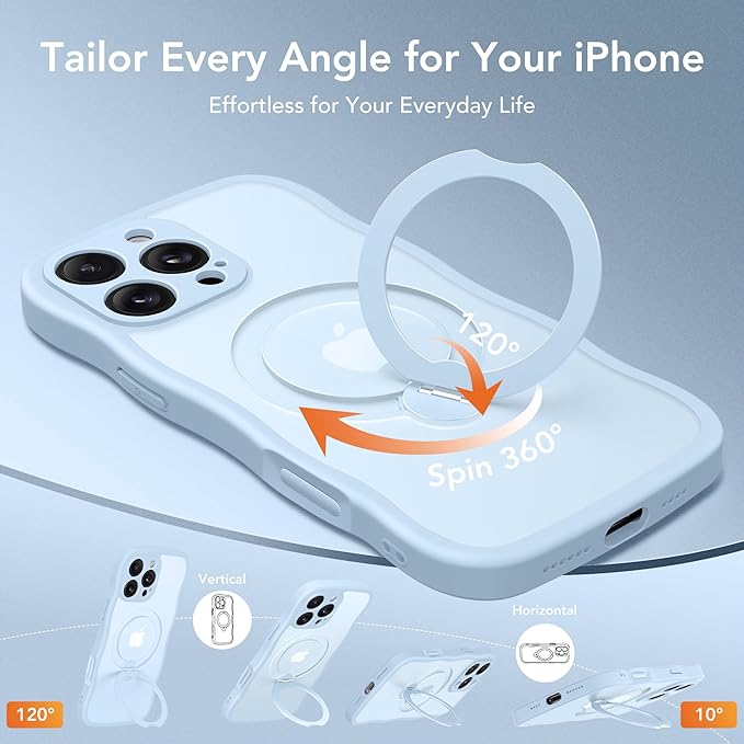 for iPhone 16 Pro Max Case for Women,[Compatible with Magsafe][360° Spin Magnetic Stand][Cute Wave Edge][Military-Grade Protection]Translucent Matte Phone Case for iPhone 16 ProMax, Baby Blue