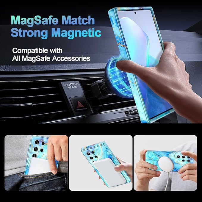 Casetego for Galaxy S24 Ultra Case,Compatible with MagSafe,[Military Grade Drop Test] Full Body Protection Slim Shockproof Rugged Marble Women Case for Samsung Galaxy S24 Ultra 6.8 inch,Light Blue