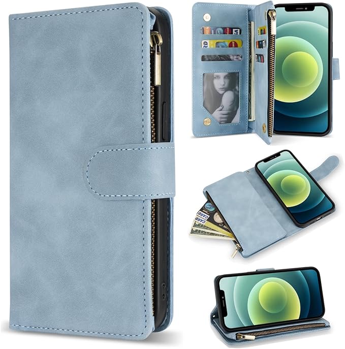 ZZXX for iPhone 12 Mini Wallet Case with Card Slot Premium Soft PU Leather Zipper Flip Folio Wallet with Wrist Strap Kickstand Protective for iPhone 12 Mini Case Wallet(Light Blue 5.4 inch)