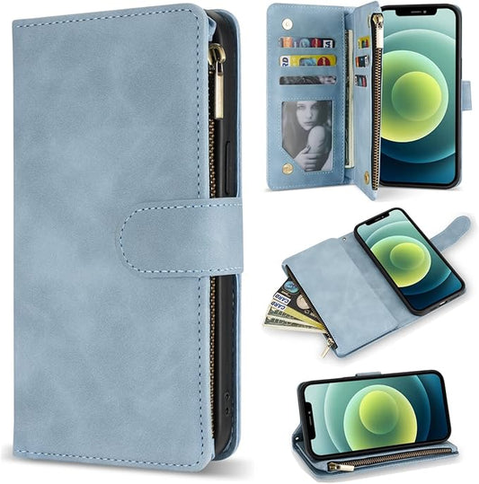 ZZXX for iPhone 12 Mini Wallet Case with Card Slot Premium Soft PU Leather Zipper Flip Folio Wallet with Wrist Strap Kickstand Protective for iPhone 12 Mini Case Wallet(Light Blue 5.4 inch)