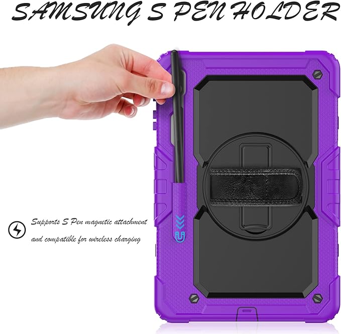 Tablet Case for Samsung Galaxy Tab S8 Plus/S7 FE/S7 Plus 12.4", [Shockproof] with Tempered Glass Screen Protector, Rotating Kickstand/Hand & Shoulder Strap/S Pen Holder (Purple)