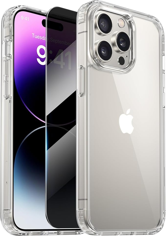 Diaclara Designed for iPhone 14 Pro Case, [with Privacy Screen Protector] [Anti Spy] [Military Grade Drop Protection] Heavy Duty Full-Body Shockproof Phone Case, Clear