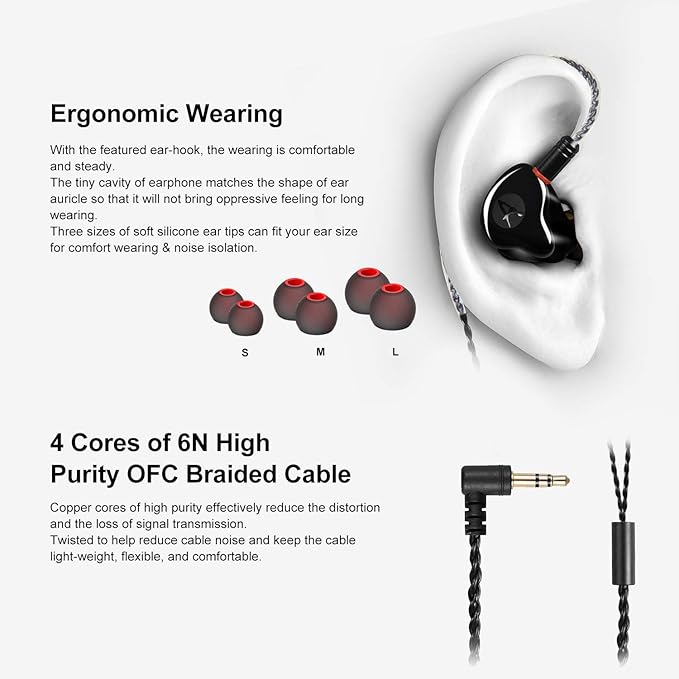 in Ear Monitor Headphones, HiFi Stereo IEM Earphones, Dynamic Dual Driver Wired Earbuds with Detachable Cable, Noise Canceling Headset for Singers Musicians Drummers Audiophile (Black)