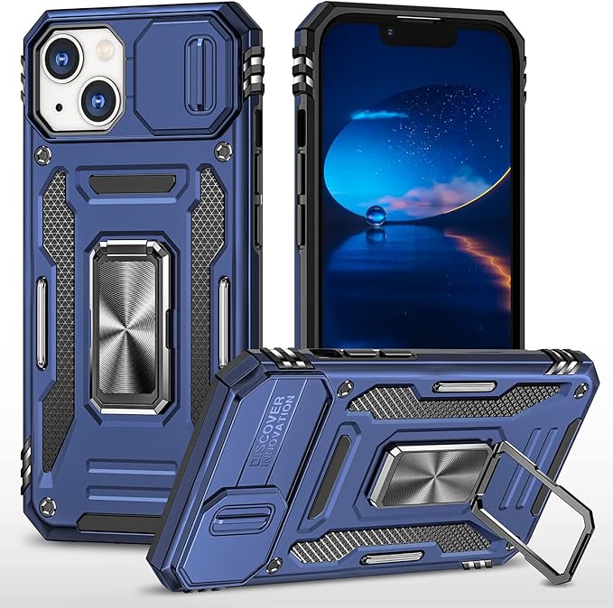 Case for iPhone 14 Plus Phone Case with Camera Lens Cover, with Ring Holder Kickstand, fit Magnetic Car Mount, for iPhone 14 Plus (Navy Blue)