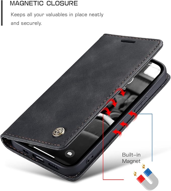 for iPhone 13 Case, Flip Wallet Leather Case with Card Holder Magnetic Closure Shockproof Kickstand Protective Phone Cases Cover for iPhone 13, Black