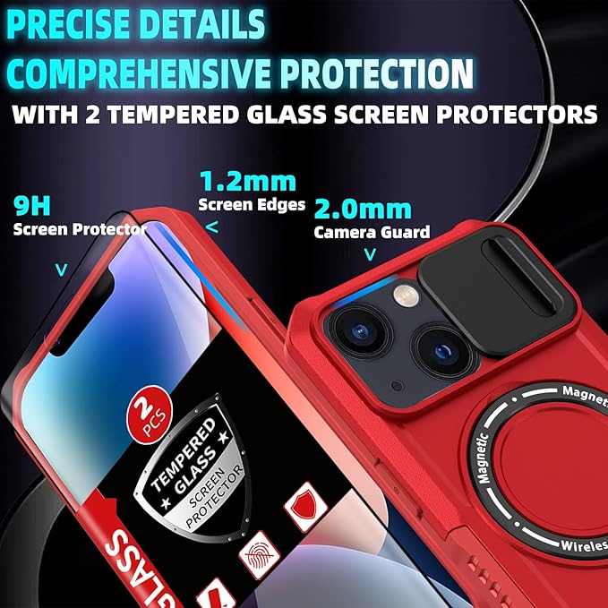 for iPhone 13 Case/for iPhone 14 Case Magnetic Compatible with MagSafe Wireless Charging,with 2 Screen Protectors,with Kickstand,with Camera Cover Shock-Absorbent Heavy Duty Protection Red