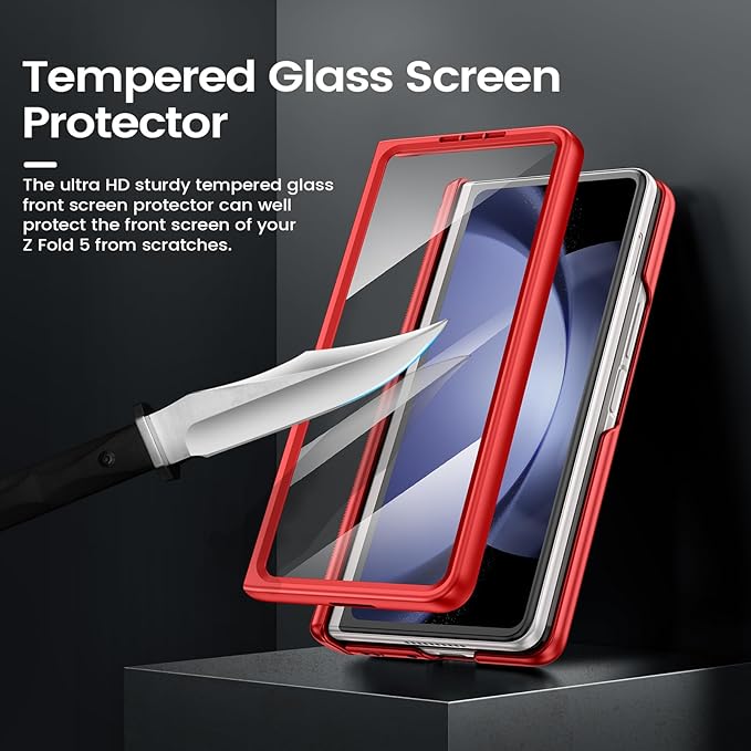 VEGO for Galaxy Z Fold 5 Case with Hinge Protection, Belt Clip Holster & 360°Ring Magnetic Kickstand & Camera Cover & Front Screen Protector Shockproof Cover - Vibrant Red