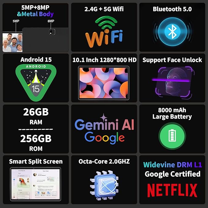 2025 Android 15 Tablet with Keyboard, 26GB(6+20)RAM+256 Storage(Expand to 2TB), 8000mAh Battery, Widevine L1, 10 Inch 2-in-1 Tablets with 5G/2.4G WiFi, BT5.0, GMS Certified, Mouse, Case, Stylus(Black)