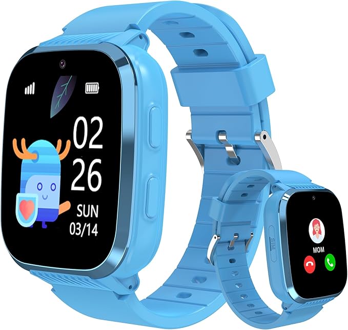 4G Kids Smart Watch Boys with GPS Tracker Video Calling Texting, Waterproof Smartwatches Age 5-13, One-Key SOS Call Voice Chat Cell Phone Watch with Alarm Clock Game HD Camera (Blue)