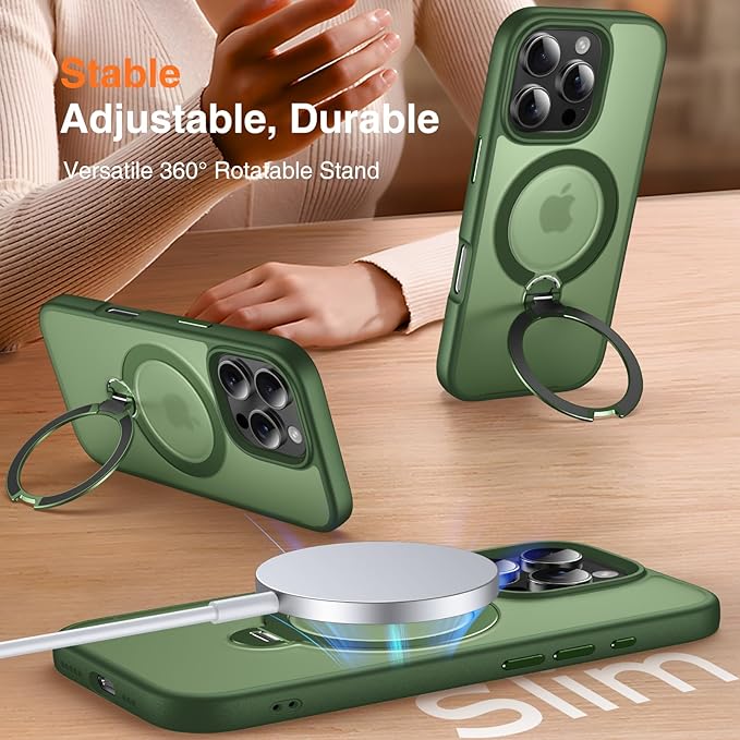 360° O-Ring MagStander for iPhone 16 Pro Case with Magnetic Kickstand Ring Holder [Compatible with MagSafe][360°Rotate Stand Ring][Military Shockproof] iPhone 16 Pro Phone Cover Matte Green