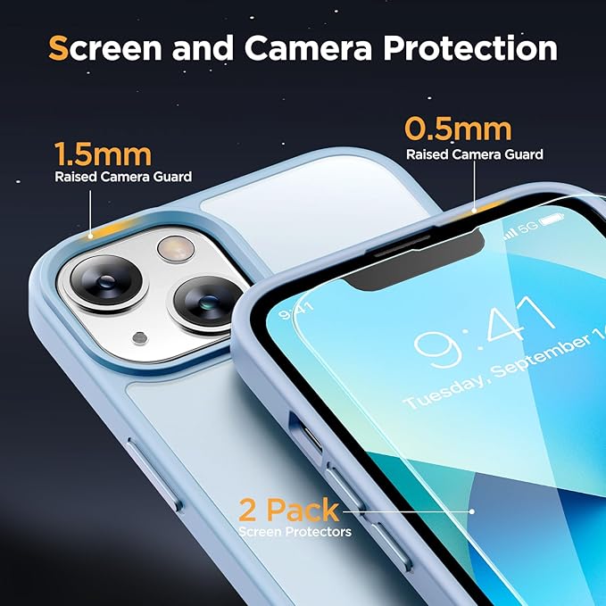 Miracase Magnetic for iPhone 13 Case 6.1 inch (Compatible with MagSafe)（with 2X Screen Protectors） Military-Grade Protection, Anti-Fingerprint Translucent Matte Phone Case Cover, Light Blue