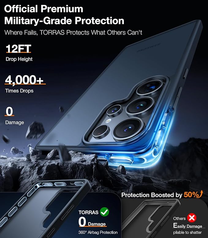 TORRAS Shockproof for Samsung Galaxy S25 Ultra Case, 12FT Military-Grade Protection, Slim Case for Samsung S25 Ultra Case, Matte Translucent Black, Thin, 6.9'' Guardian Series