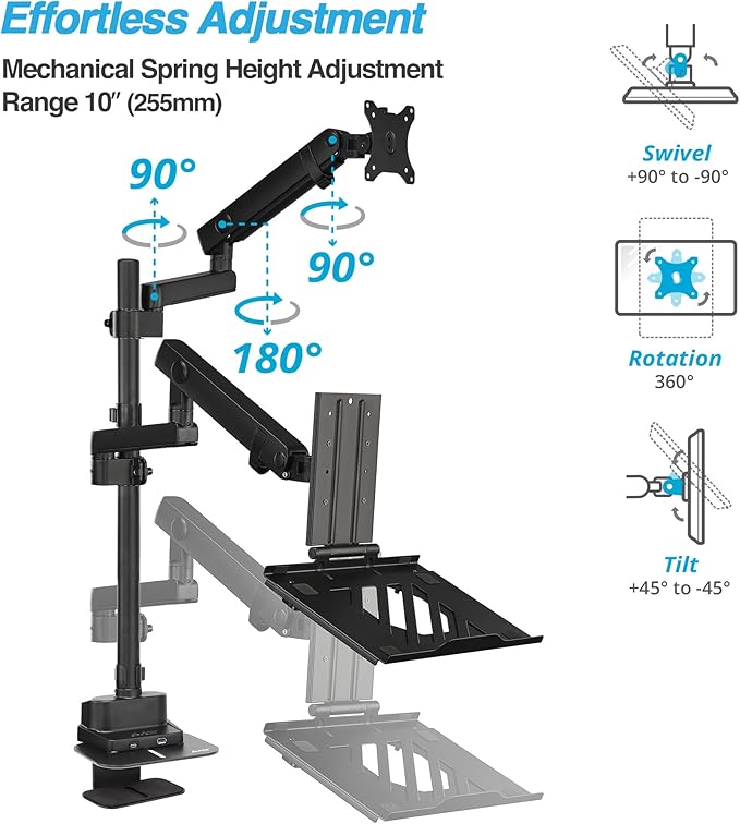 AVLT Laptop & 40 Inch Monitor Arm Pole Top Mount With USB-C USB-A Ports-Black, VESA Compatible, Supports 26.4 lbs (12 kg), Ultrawide Screen Fit, Adjustable Height, Tilt Swivel Rotate, Cable Management