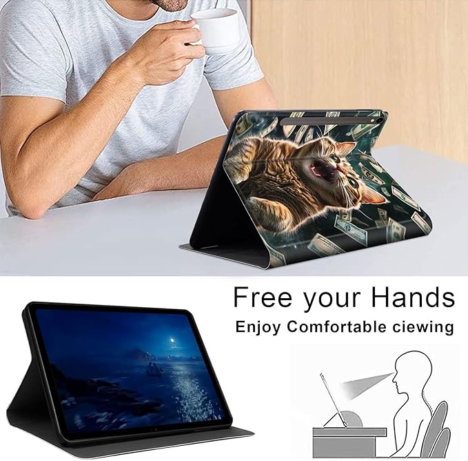 Case for Samsung Galaxy Tab S10 FE/ S9 FE 5G 10.9 Inch/Tab S9 11 Inch, Slim PU Leather Stand Cover with Auto Wake/Sleep, Multi-Angle Viewing & Shockproof, Excited Cat