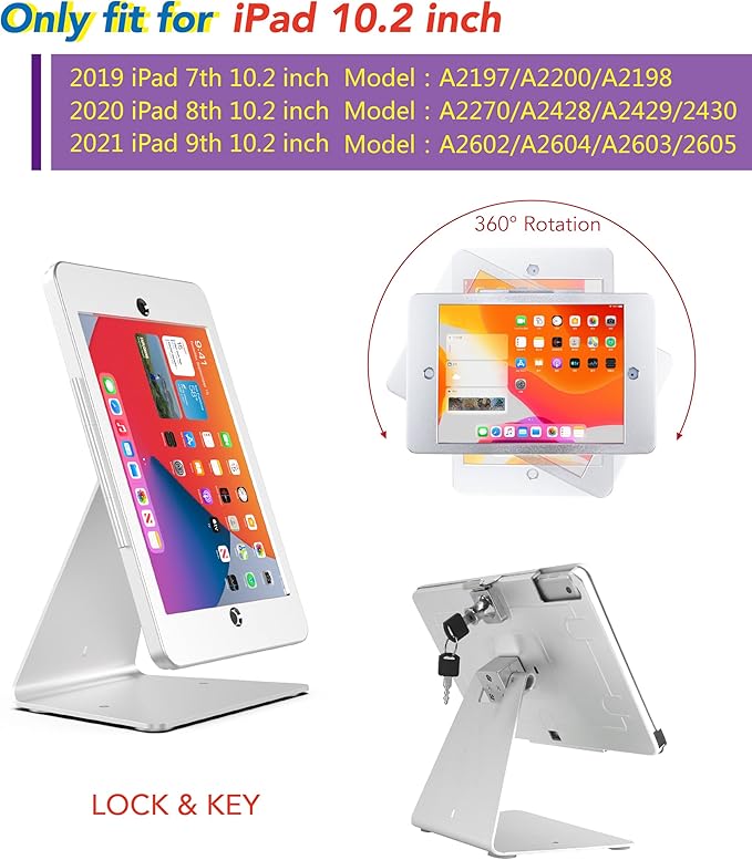 Desktop Anti-Theft Security Kiosk Stand Holder Enclosure for iPad 10.2-Inch (9th Gen.2021,8th Gen.2020,7th Gen.2019),with Lock & Key,Flip & 360°Rotating Horizontal or Vertical Design(Silver)