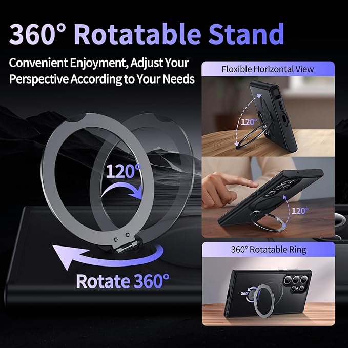 for Samsung Galaxy S23 Ultra Case,Compatible with Magsafe [Wireless Charging],with 360°Rotatable Magnetic Ring Stand Matte Translucent Slim Soft Edge Phone Kickstand,Black