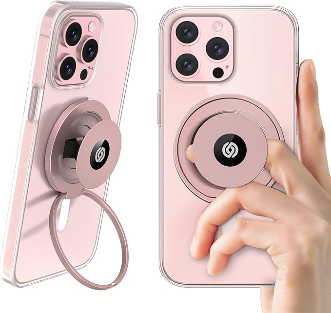 EWA MagOne Ultra (Plate Edition) Phone Grip Stand with Leather Finger Strap, Removable Magnetic Ring Holder Kickstand Loop, Double-Sided Magnetic Accessories for Phone-Rosegold