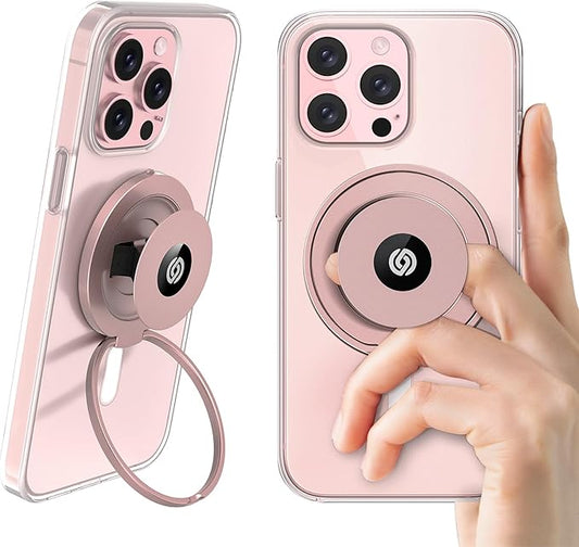 EWA MagOne Ultra (Plate Edition) Phone Grip Stand with Leather Finger Strap, Removable Magnetic Ring Holder Kickstand Loop, Double-Sided Magnetic Accessories for Phone-Rosegold