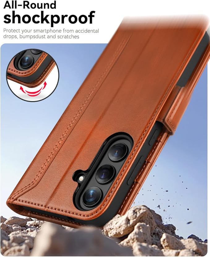 OCASE Compatible with Galaxy S25 Wallet Case, PU Leather Flip Folio Case with Card Holders RFID Blocking Kickstand [Shockproof TPU Inner Shell] Protective Phone Cover 6.2 Inch 2025, Retro Brown