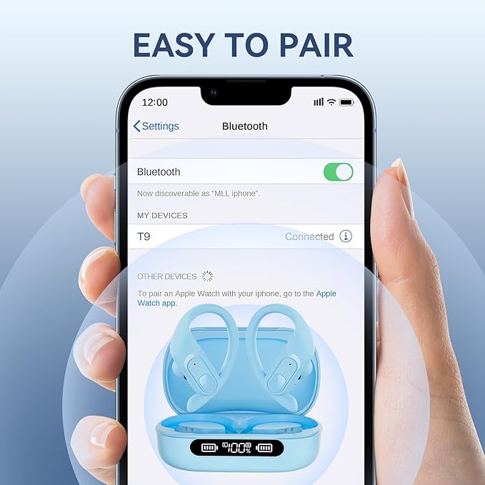 occiam Wireless Earbuds Bluetooth Headphones Ear Buds 96Hrs Playback Sport Over-Ear Waterproof Wireless Headphones Earphones with Earhooks ENC Mics Clear Call for Sport Running Workout Sky Blue