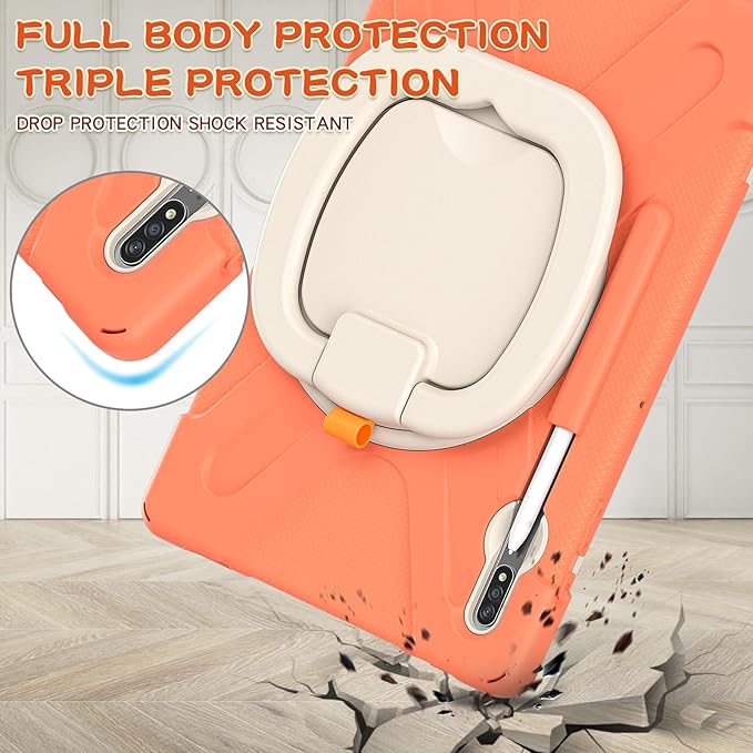 360 Rotation Portable Case for Galaxy Tab S8+/S7 FE/S7+ 12.4 Inch Case with S Pen Holder Rugged Case Rotating Stand Hand Strap Shoulder Carrying Strap Outdoor Cover (Orange)