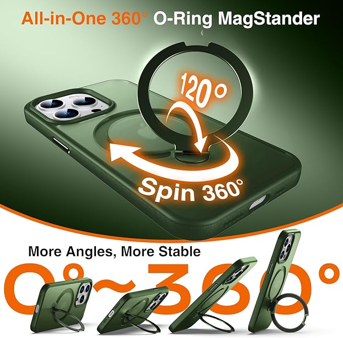 360° O-Ring MagStander for iPhone 14 Pro Case with Magnetic Kickstand Ring Holder [Compatible with MagSafe][360°Rotate Stand Ring][Military Shockproof] iPhone 14 Pro Phone Cover Matte Green
