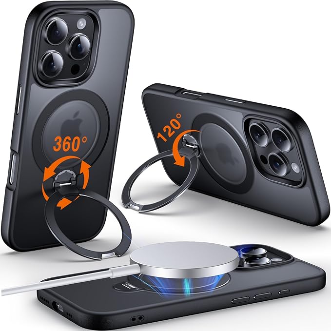 360° O-Ring MagStander for iPhone 16 Pro Max Case with Magnetic Kickstand Ring Holder [Compatible with MagSafe][360°Rotate Stand][Military Shockproof] iPhone 16 Pro Max Phone Cover Black
