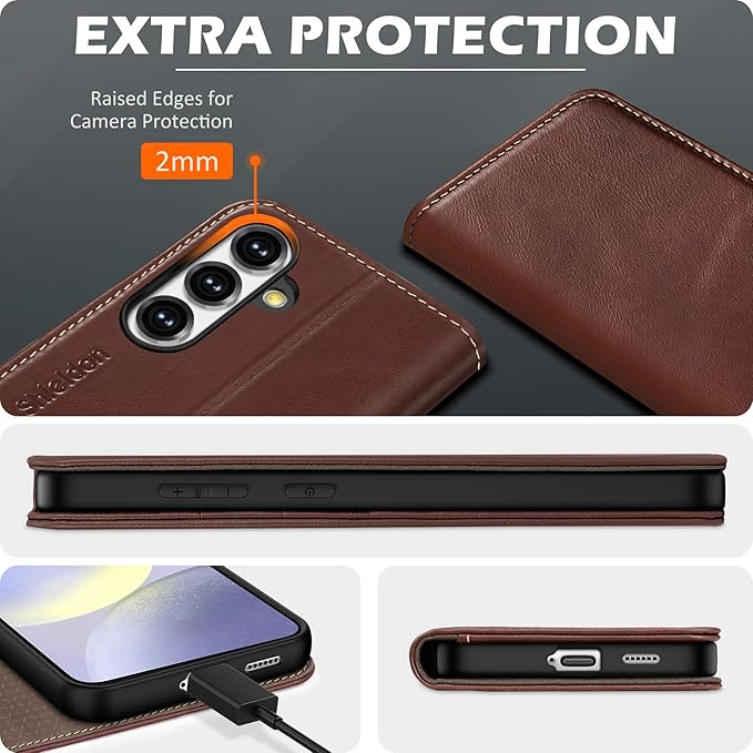SHIELDON Case for Galaxy S25+ Plus 5G, Genuine Leather Folio Wallet Magnetic Kickstand RFID Blocking Card Slots Shockproof Full Protection Cover Compatible with Galaxy S25+ 6.7" 2025 - Retro Coffee