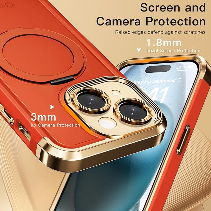 COOLQO for iPhone 13 Case 6.1'' Upgraded 360° Spin Magnetic Stand [Compatible with Magsafe][Military Protection] Plating Matte Scratch-Resistant Back Protective Shockproof Phone Case, Orange Gold