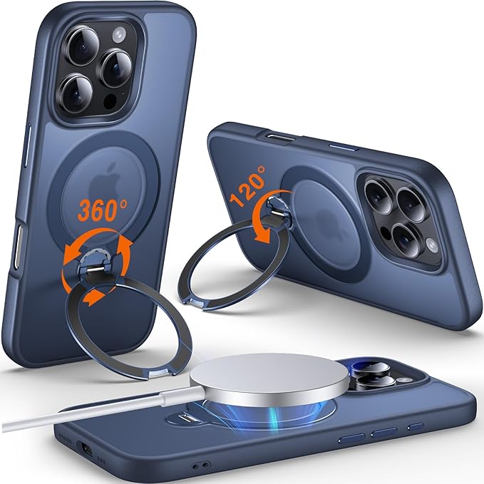 360° O-Ring MagStander for iPhone 16 Pro Max Case with Magnetic Kickstand Ring Holder [Compatible with MagSafe][360°Rotate Stand][Military Shockproof] iPhone 16 Pro Max Phone Cover Blue