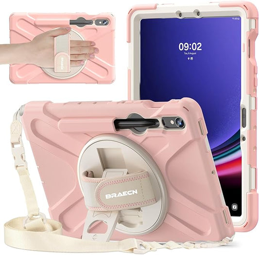 BRAECNstock for Samsung Galaxy Tab S10 Lite/ S10 FE/ S9 FE/ S9/ S8/ S7 5G Case 10.9"/11", Shockproof Protective Kids Case with Pen Holder, Rotating Hand Strap & Stand, Shoulder Strap, Sakura Pink