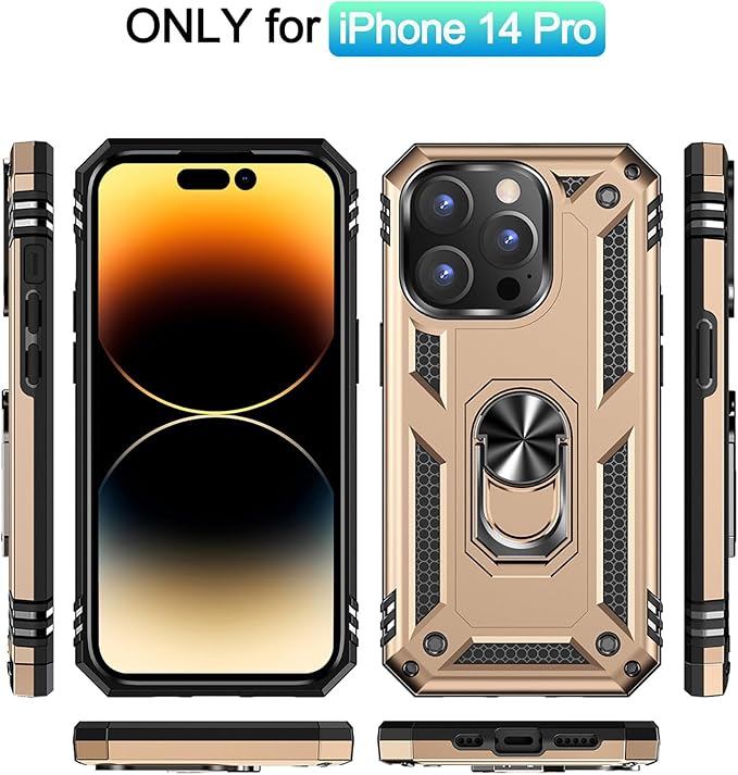 ADDIT Phone Case for iPhone 14 Pro Case,with Kickstand Ring,Adjustable Stand,Military Grade,Heavy Duty Protection,Shockproof,Anti-Fingerprint,Support Magnet Car Mount,Gold
