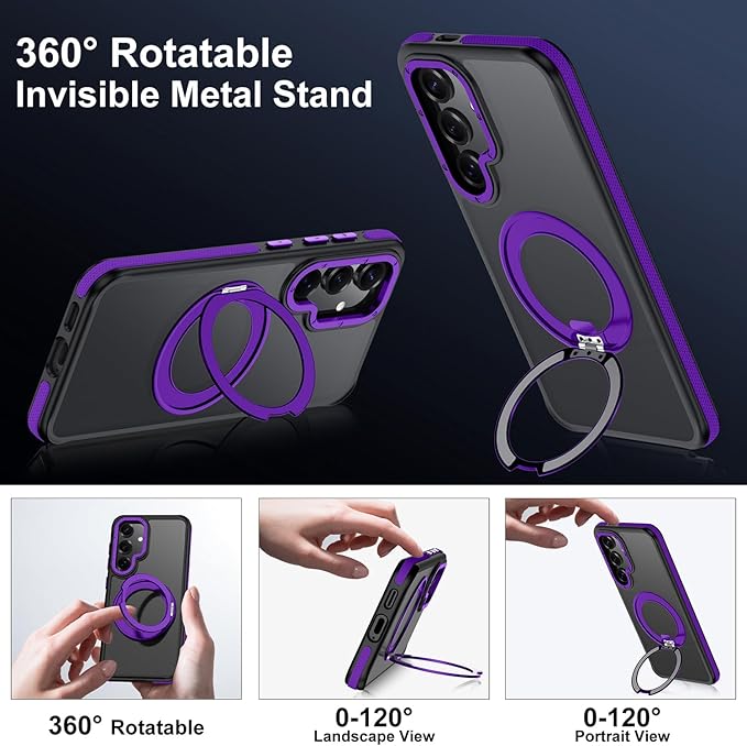 360°Spin Magnetic Stand for Samsung Galaxy S25 Case, [Compatible with Magsafe] Military Grade Drop Protection, Matte Hard Slim S25 Phone Case with Kickstand & Ring Holder (Purple)