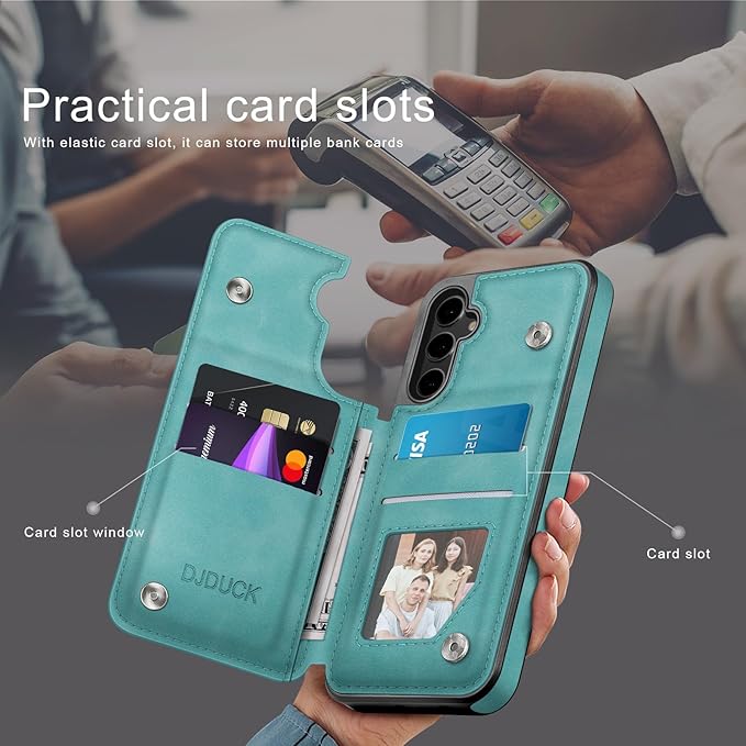 DJDUCK Designed for Samsung Galaxy S25 Case Wallet with Card Holder, [Magnetic Clasp Cover] [RFID Blocking Leather Protection] Shockproof Women Men Cases for Samsung S25 Light Green