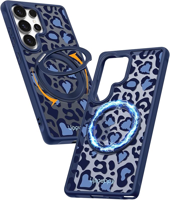for Samsung Galaxy S25 Ultra Case with 360° Rotatable Magnetic Ring - Compatible with MagSafe, Semi-Transparent Soft-Touch Material Shockproof, Cute Blue Cheetah Print Design for Women Girl