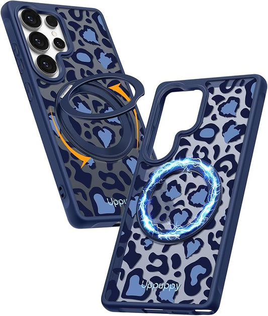 for Samsung Galaxy S25 Ultra Case with 360° Rotatable Magnetic Ring - Compatible with MagSafe, Semi-Transparent Soft-Touch Material Shockproof, Cute Blue Cheetah Print Design for Women Girl